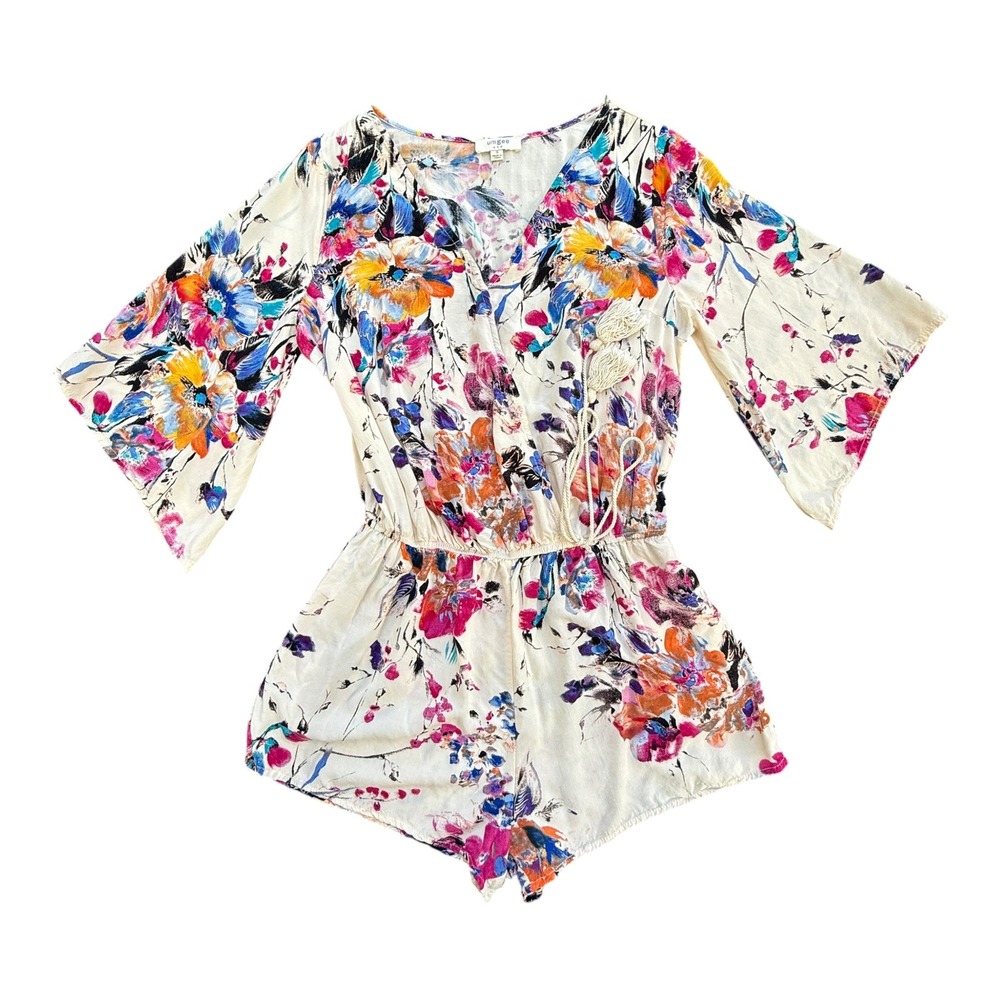 Umgee Womens Small Floral Bell Sleeve Romper Cream Pink Stretch Waist Festival